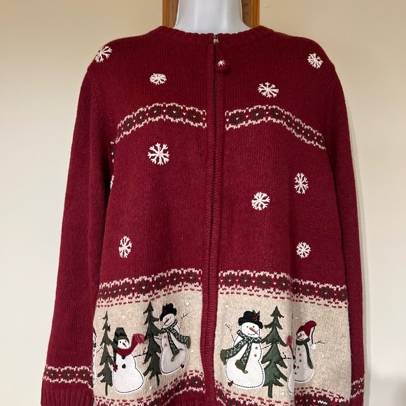 Vtg Croft & Barrow Christmas Sweater Womens 1X Cardigan Zip Snowman Ugly Sweater - Picture 2 of 9